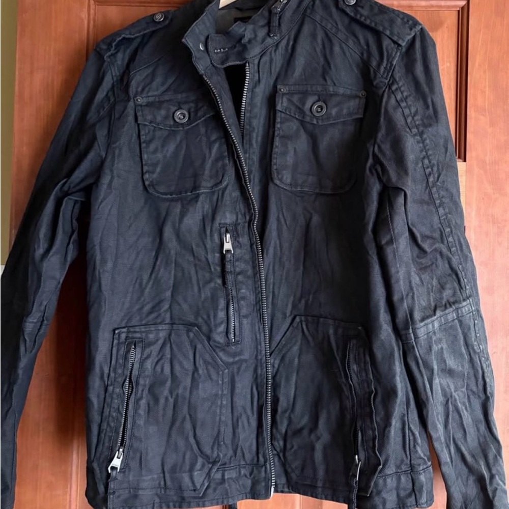 Men's Black Twill Wrinkled Denim Jacket Full Zipper Size M